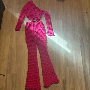 Fashion Nova Pink Textured Flare Jumpsuit